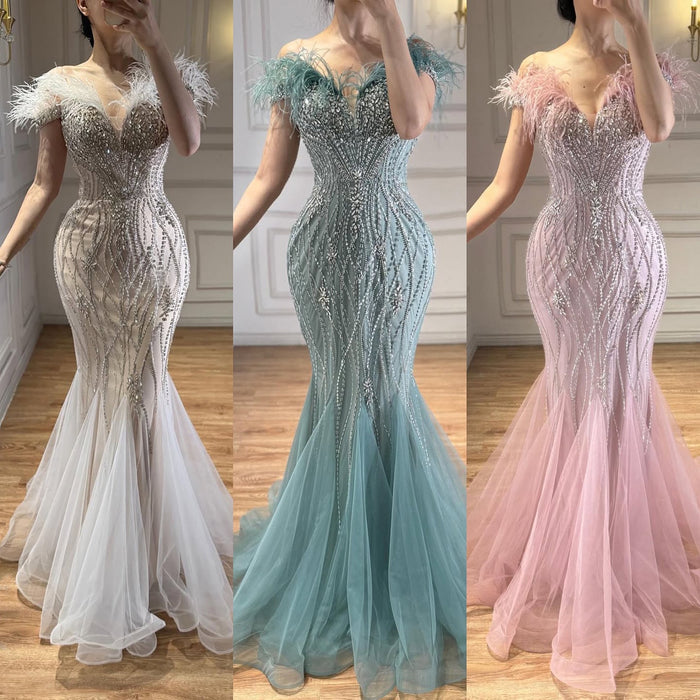 Luxury Nude Feather Beaded Mermaid Off Shoulder Evening Dress LA73223