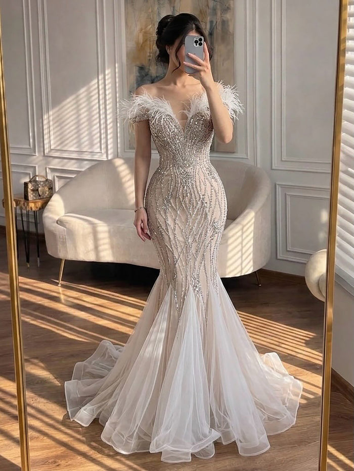 Luxury Nude Feather Beaded Mermaid Off Shoulder Evening Dress LA73223