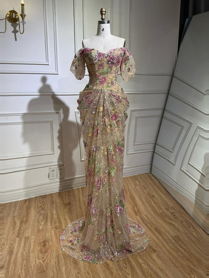 Luxury Nude Floral Off Shoulder Puff Sleeve Mermaid Dress LA73552I SERENE HILL