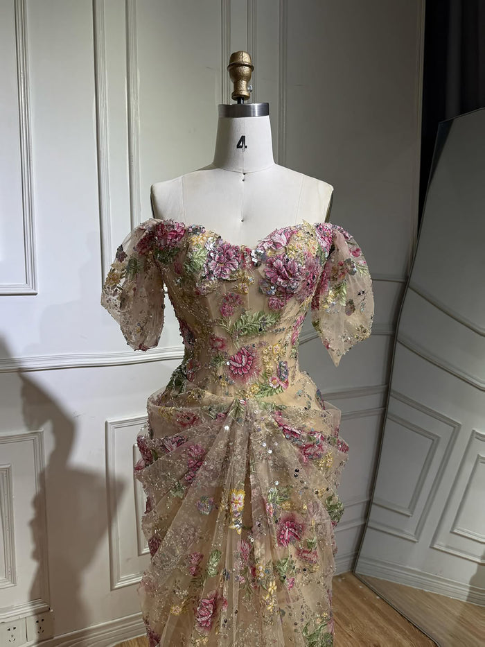 Luxury Nude Floral Off Shoulder Mermaid Dress LA73552I SERENE HILL