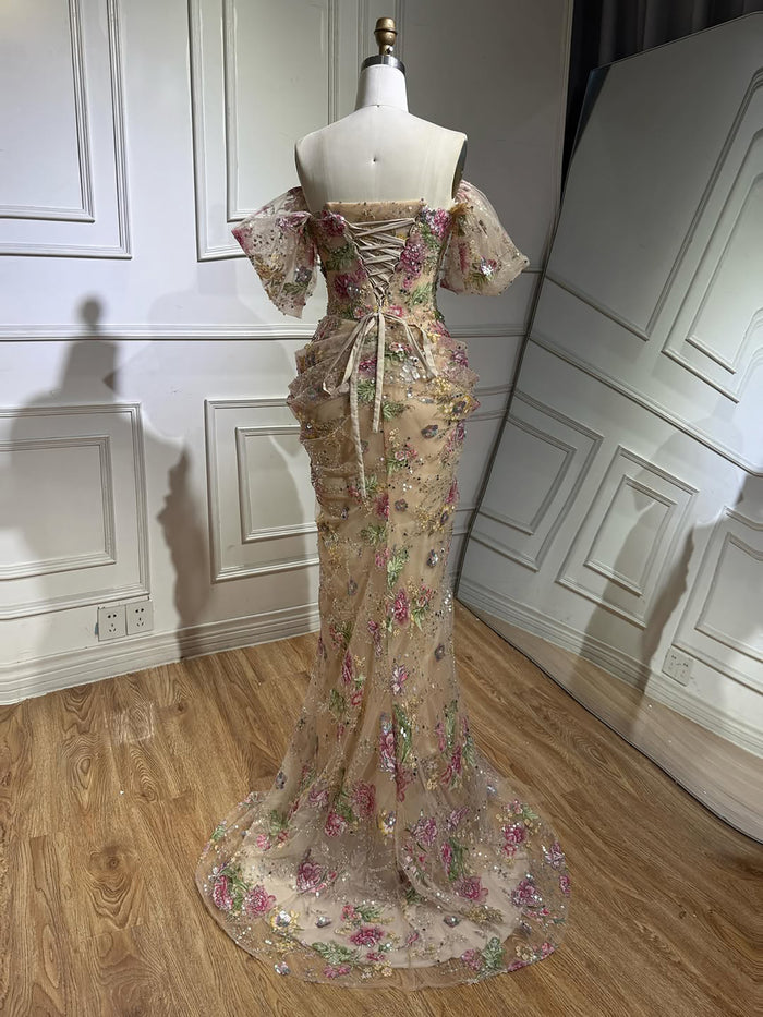 Luxury Nude Floral Off Shoulder Mermaid Dress LA73552I SERENE HILL