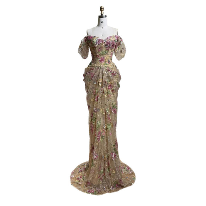 Luxury Nude Floral Off Shoulder Mermaid Dress LA73552I SERENE HILL