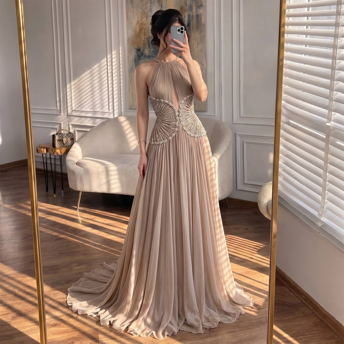 Luxury Nude Halter Beaded Pleated Chiffon A Line Evening Dress LA73838 SERENE HILL