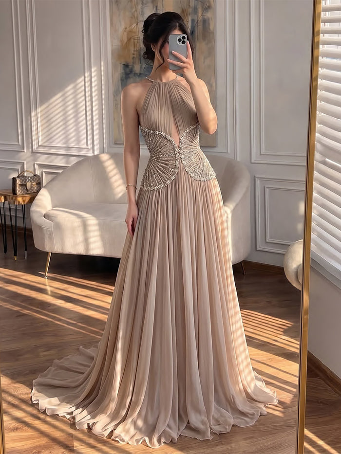 Luxury Nude Halter Beaded Pleated Chiffon A Line Evening Dress LA73838 SERENE HILL
