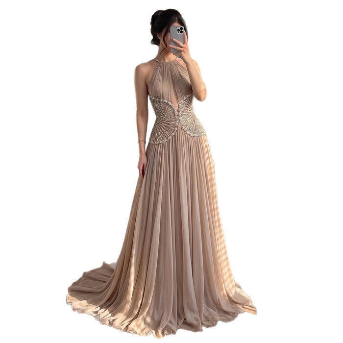 Luxury Nude Halter Beaded Pleated Chiffon A Line Evening Dress LA73838 SERENE HILL
