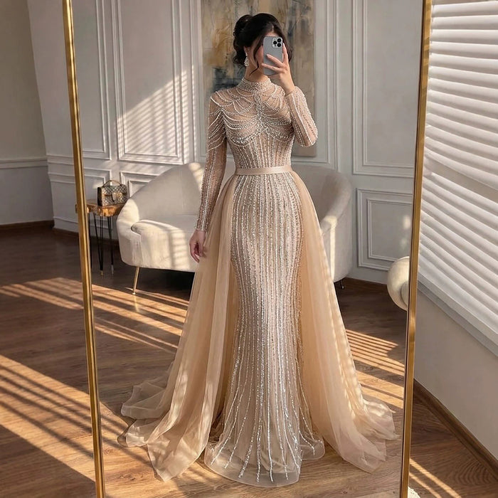 Luxury Nude High Neck Beaded Mermaid Evening Dress with Overskirt LA73391A