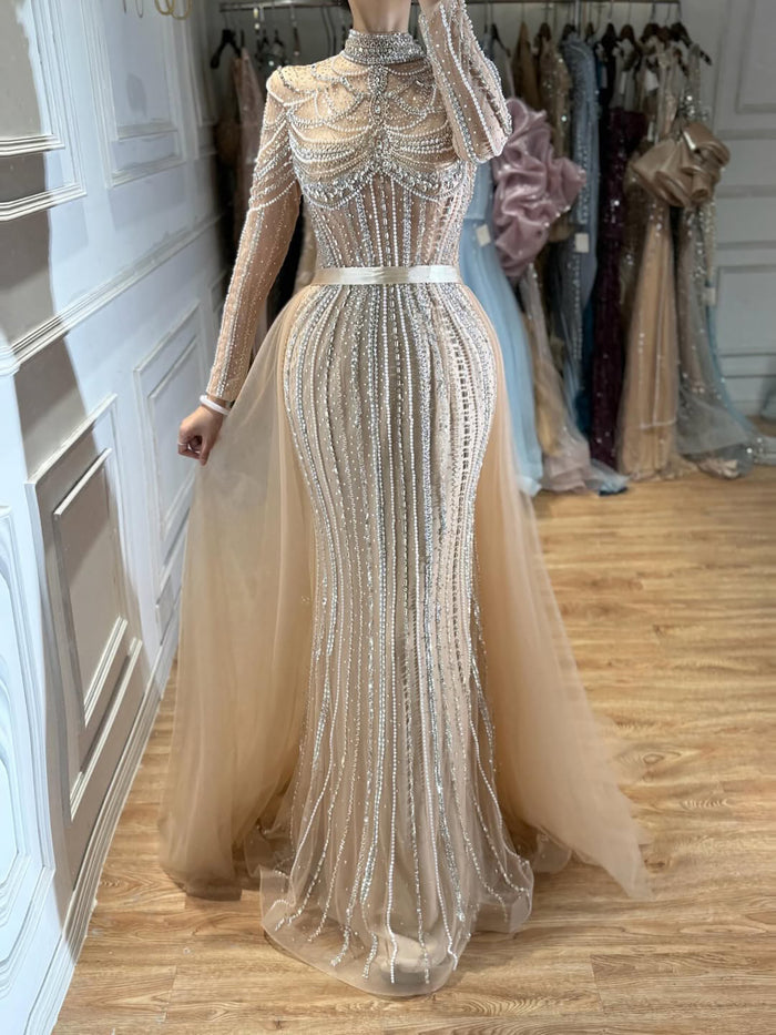 Luxury Nude High Neck Beaded Mermaid Evening Dress with Overskirt LA73391A