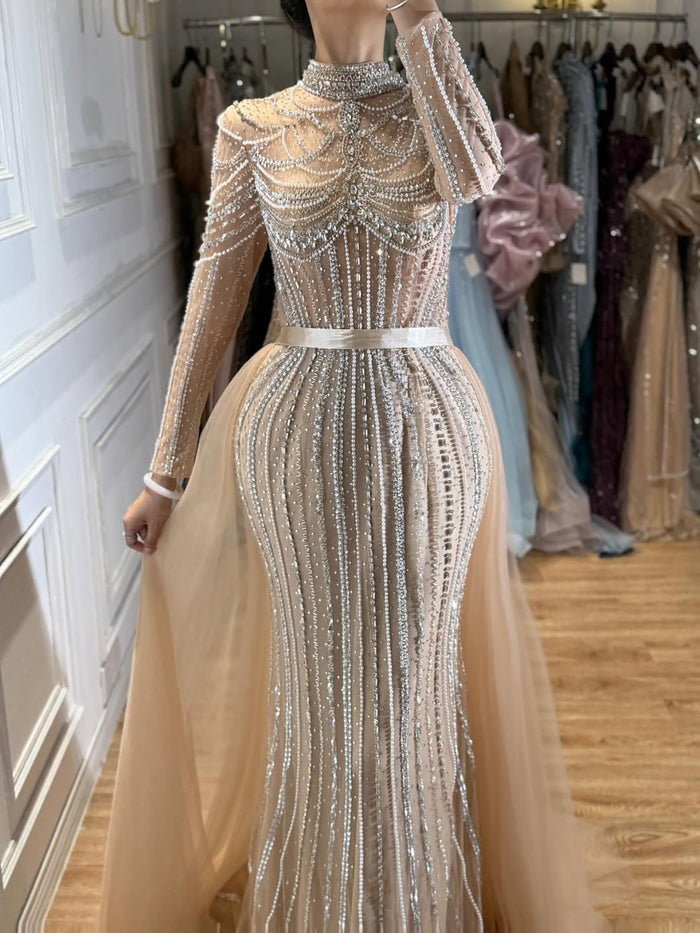 Luxury Nude High Neck Beaded Mermaid Evening Dress with Overskirt LA73391A