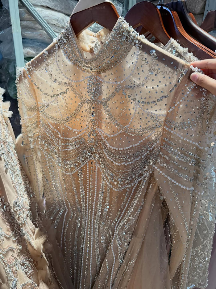 Luxury Nude High Neck Beaded Mermaid Evening Dress with Overskirt LA73391A