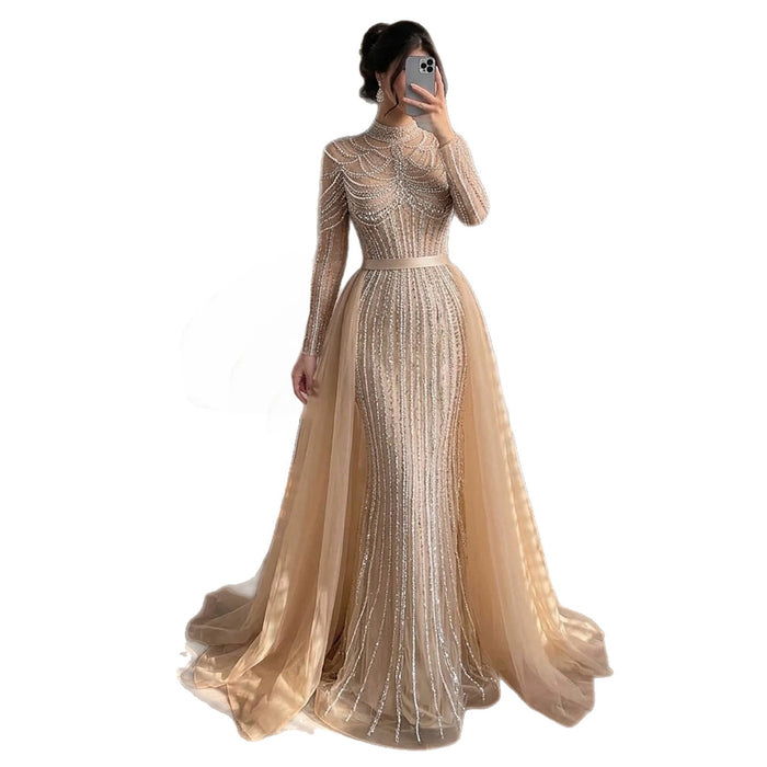 Luxury Nude High Neck Beaded Mermaid Evening Dress with Overskirt LA73391A