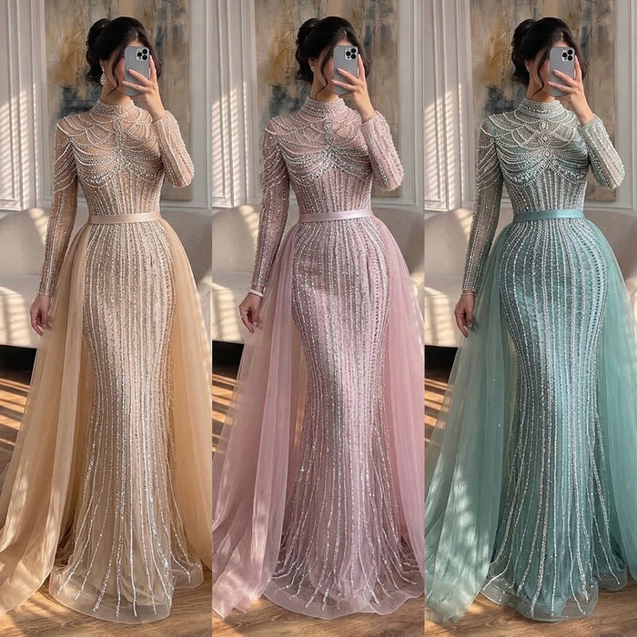 Luxury Nude High Neck Beaded Mermaid Evening Dress with Overskirt LA73391A