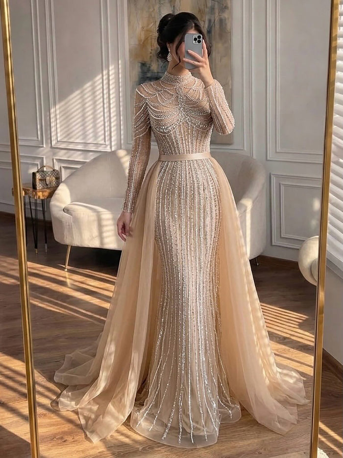Luxury Nude High Neck Beaded Mermaid Evening Dress with Overskirt LA73391A