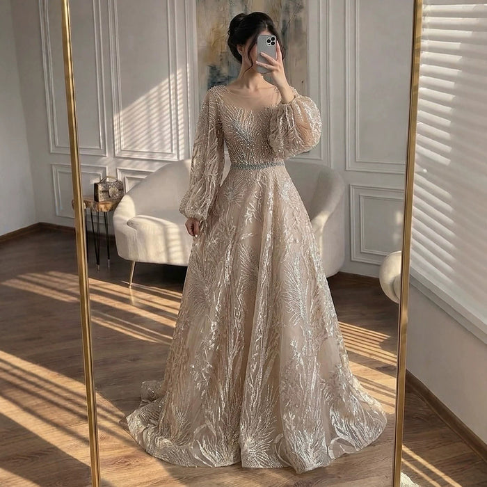 Luxury Nude Illusion Neck Beaded A-Line Gown with Puff Sleeves LA73745 SERENE HILL