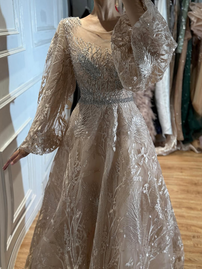 Luxury Nude Illusion Neck Beaded A-Line Gown with Puff Sleeves LA73745 SERENE HILL