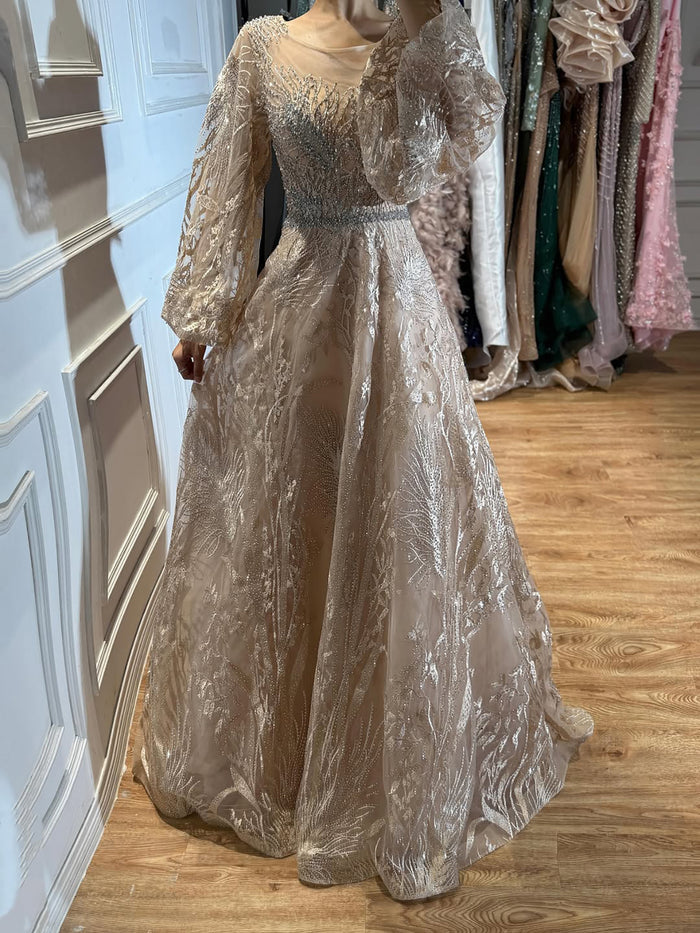 Luxury Nude Illusion Neck Beaded A-Line Gown with Puff Sleeves LA73745 SERENE HILL
