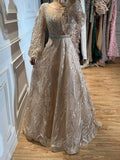 Luxury Nude Illusion Neck Beaded A-Line Gown with Puff Sleeves LA73745 SERENE HILL