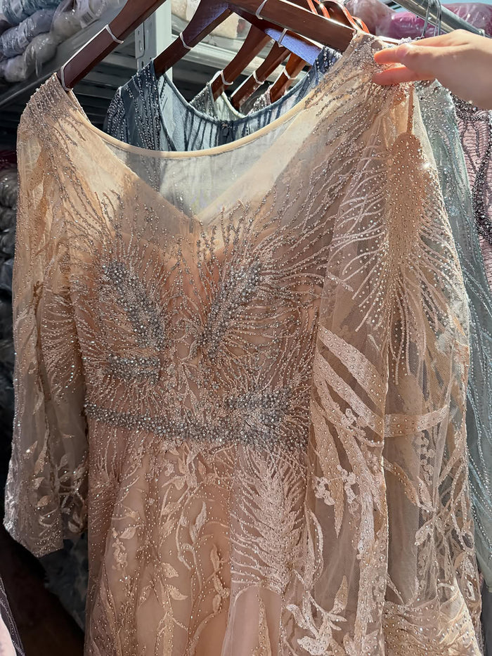 Luxury Nude Illusion Neck Beaded A-Line Gown with Puff Sleeves LA73745 SERENE HILL