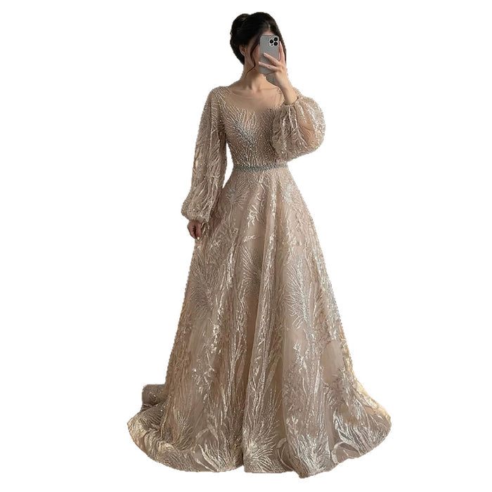 Luxury Nude Illusion Neck Beaded A-Line Gown with Puff Sleeves LA73745 SERENE HILL