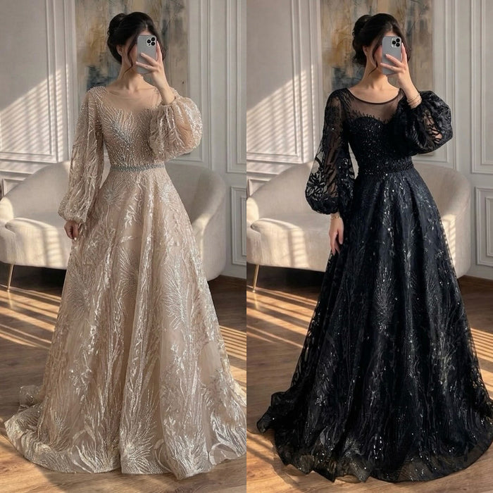 Luxury Nude Illusion Neck Beaded A-Line Gown with Puff Sleeves LA73745 SERENE HILL