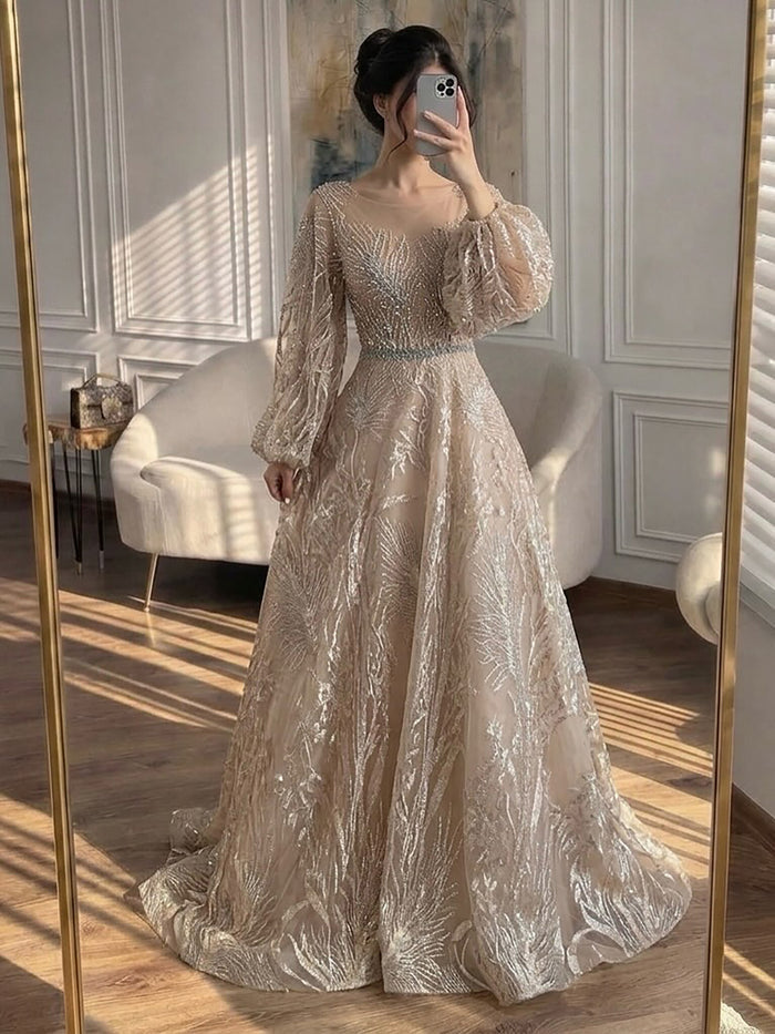 Luxury Nude Illusion Neck Beaded A-Line Gown with Puff Sleeves LA73745 SERENE HILL