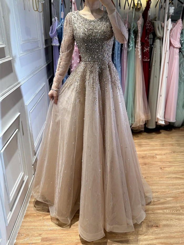 Luxury Nude Long Sleeve Illusion Beaded A-Line Evening Dress LA73269A - SERENE  HILL
