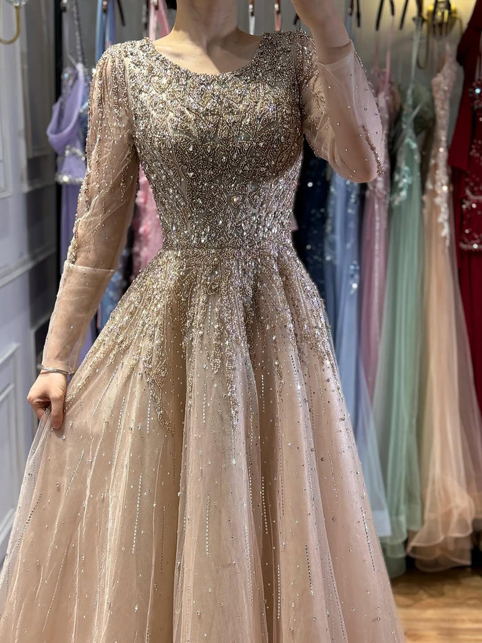 Luxury Nude Long Sleeve Illusion Beaded A-Line Evening Dress LA73269A - SERENE  HILL