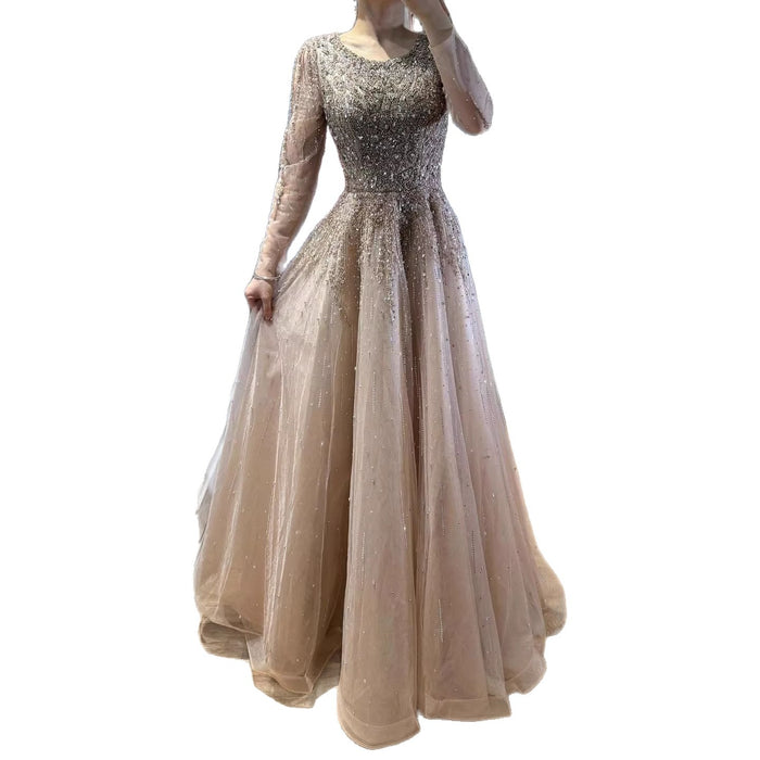 Luxury Nude Long Sleeve Illusion Beaded A-Line Evening Dress LA73269A - SERENE  HILL