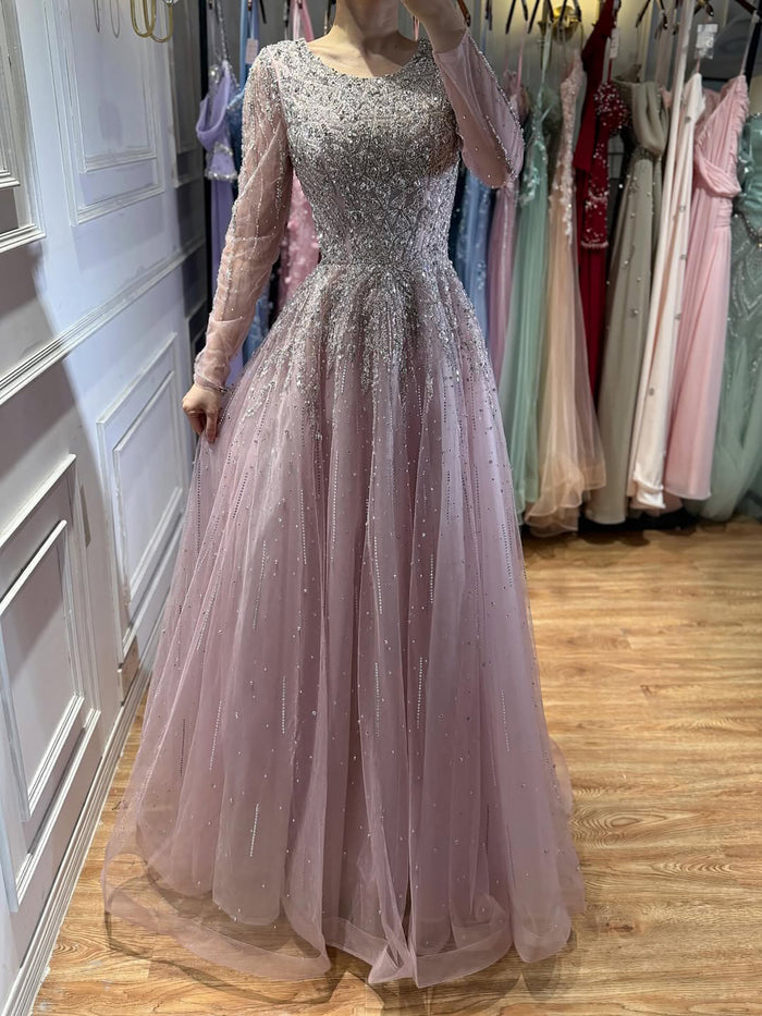 Luxury Nude Long Sleeve Illusion Beaded A-Line Evening Dress LA73269A - SERENE  HILL