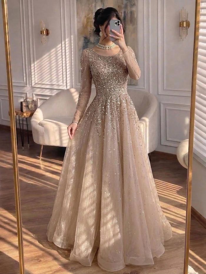 Luxury Nude Long Sleeve Illusion Beaded A-Line Evening Dress LA73269A - SERENE  HILL