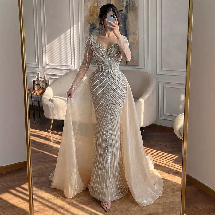 Luxury Nude Long Sleeve Pearl Beaded Mermaid Evening Dress LA73858 SERENE HILL