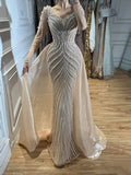 Luxury Nude Long Sleeve Pearl Beaded Mermaid Evening Dress LA73858 SERENE HILL
