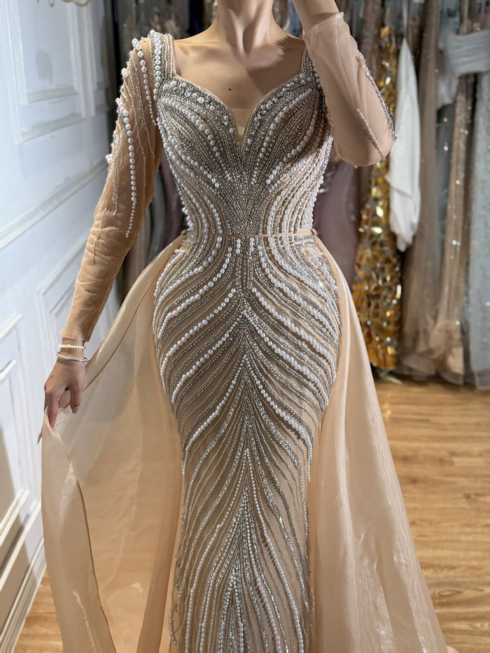 Luxury Nude Long Sleeve Pearl Beaded Mermaid Evening Dress LA73858 SERENE HILL