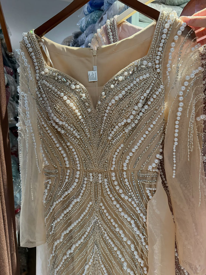 Luxury Nude Long Sleeve Pearl Beaded Mermaid Evening Dress LA73858 SERENE HILL