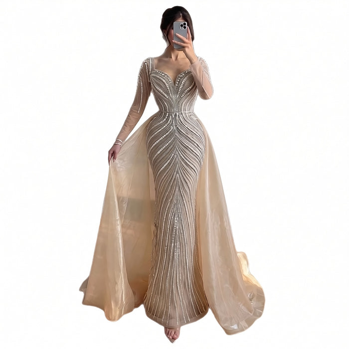 Luxury Nude Long Sleeve Pearl Beaded Mermaid Evening Dress LA73858 SERENE HILL