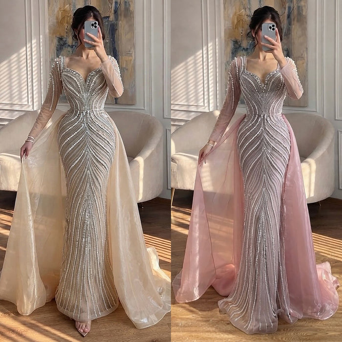 Luxury Nude Long Sleeve Pearl Beaded Mermaid Evening Dress LA73858 SERENE HILL