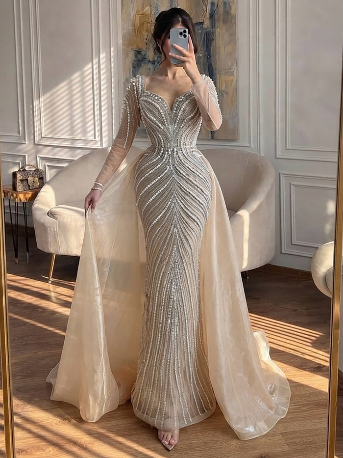 Luxury Nude Long Sleeve Pearl Beaded Mermaid Evening Dress LA73858 SERENE HILL