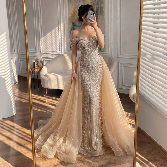 Luxury Nude Off Shoulder Crystal Beaded Mermaid Dress LA73710A SERENE HILL