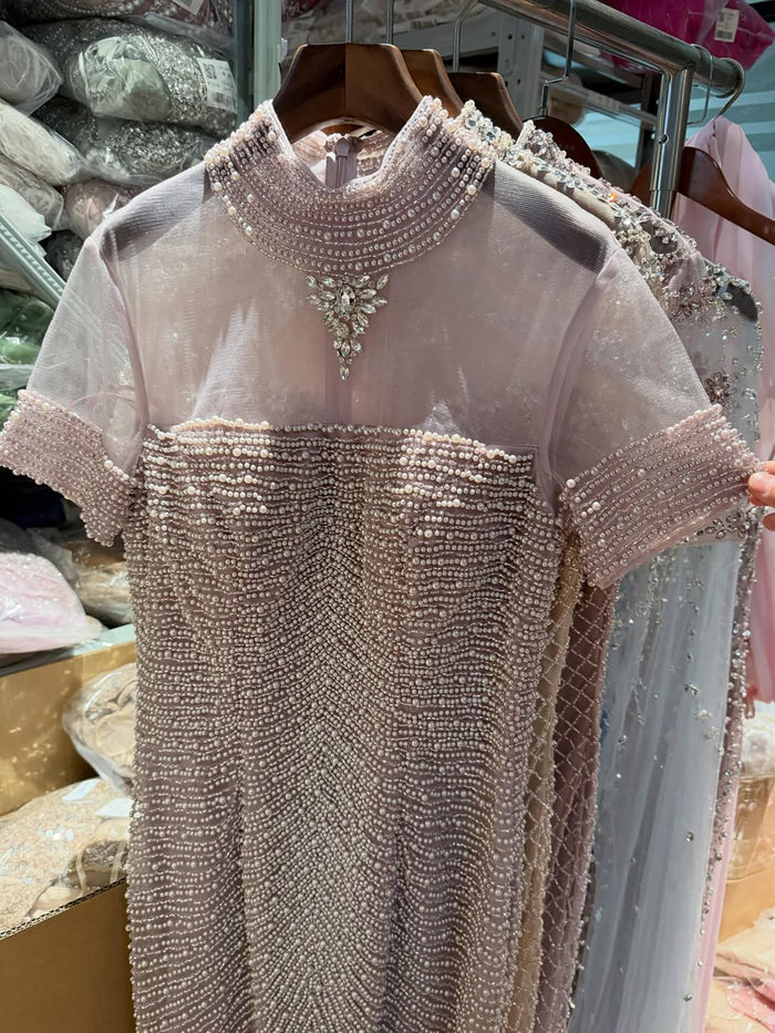 Luxury Nude Pearl Beaded High Neck Short Sleeve Mermaid Slit Evening Dress LA73713