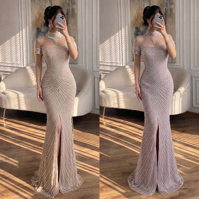 Luxury Nude Pearl Beaded High Neck Short Sleeve Mermaid Slit Evening Dress LA73713
