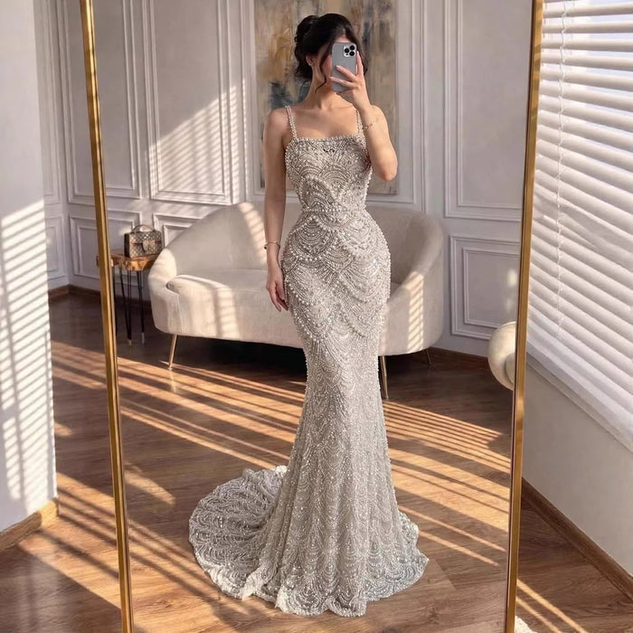 Luxury Nude Pearls Beaded Mermaid Evening Dress LA73395B - SERENE  HILL
