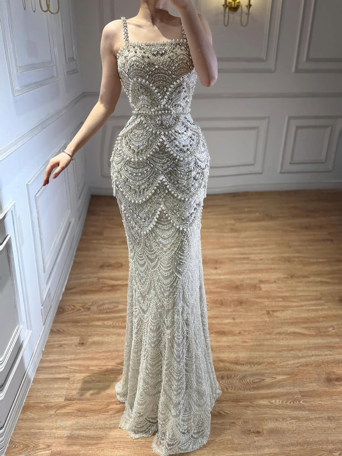 Luxury Nude Pearls Beaded Mermaid Evening Dress LA73395B - SERENE  HILL
