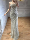 Luxury Nude Pearls Beaded Mermaid Evening Dress LA73395B - SERENE  HILL