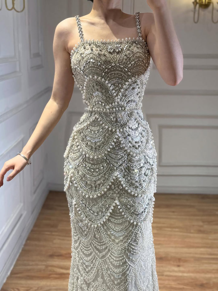 Luxury Nude Pearls Beaded Mermaid Evening Dress LA73395B - SERENE  HILL