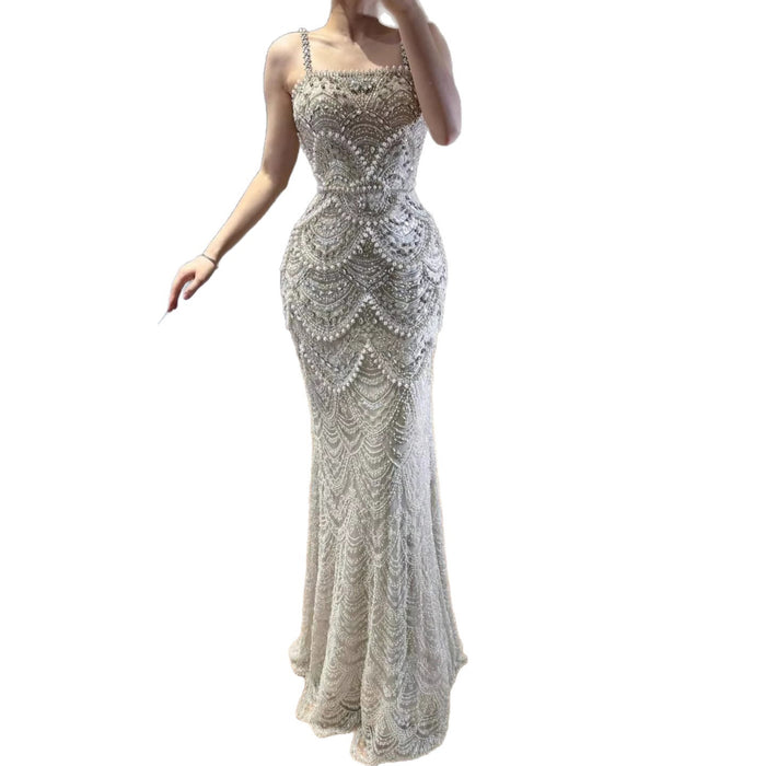 Luxury Nude Pearls Beaded Mermaid Evening Dress LA73395B - SERENE  HILL