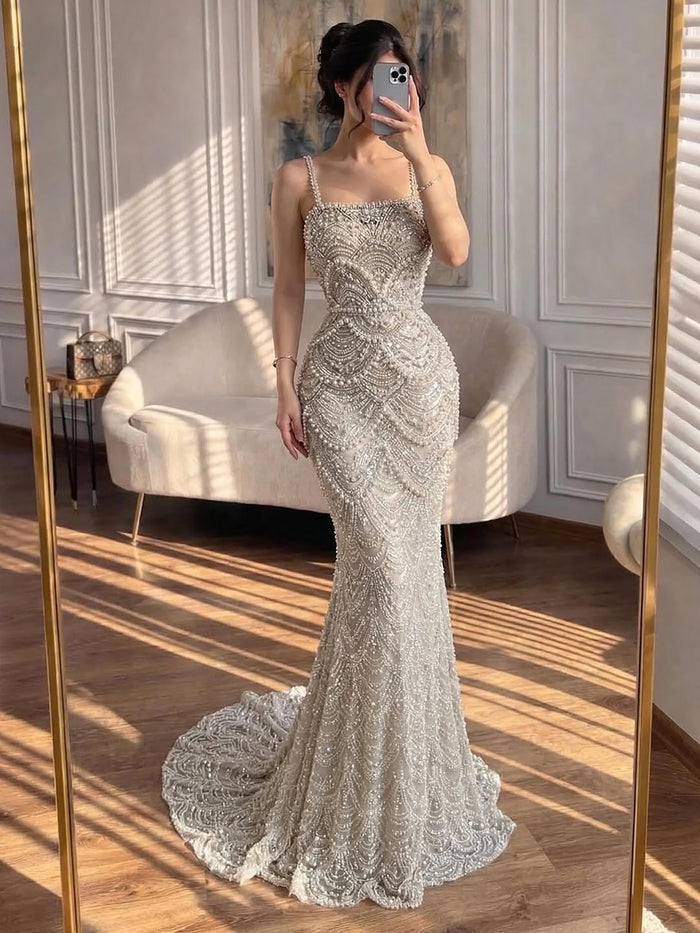Luxury Nude Pearls Beaded Mermaid Evening Dress LA73395B - SERENE  HILL