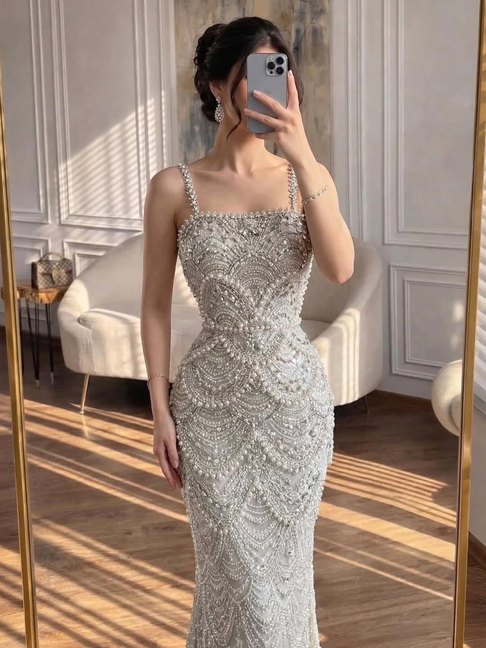 Luxury Nude Pearls Beaded Mermaid Evening Dress LA73395B - SERENE  HILL