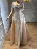 Luxury Nude Pearls Beaded Off Shoulder Mermaid Evening Dress LA73148D - SERENE  HILL