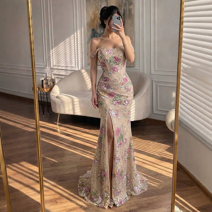 Luxury Nude Pink Beaded Off Shoulder Floral Mermaid Dress LA72163A SERENE HILL