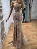 Luxury Nude Pink Beaded Off Shoulder Floral Mermaid Dress LA72163A SERENE HILL