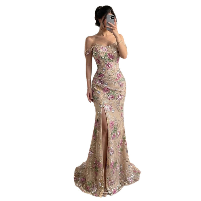 Luxury Nude Pink Beaded Off Shoulder Floral Mermaid Dress LA72163A SERENE HILL